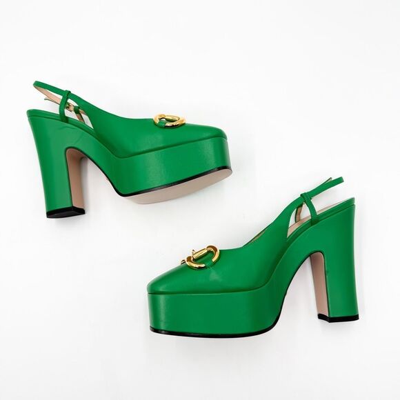 Gucci Horsebit Baby120 Platform Pumps EU 37 US 7 Green Leather Slingback - Picture 7 of 11